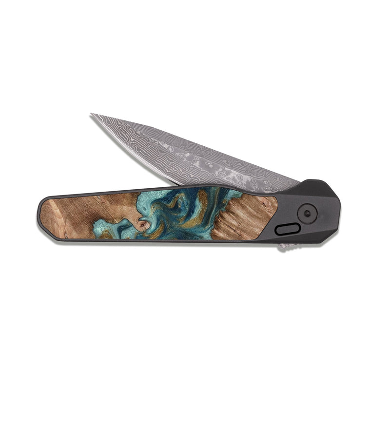 EDC Dark Damascus Wood Pocket Knife - Leander (Teal & Gold, 818485)