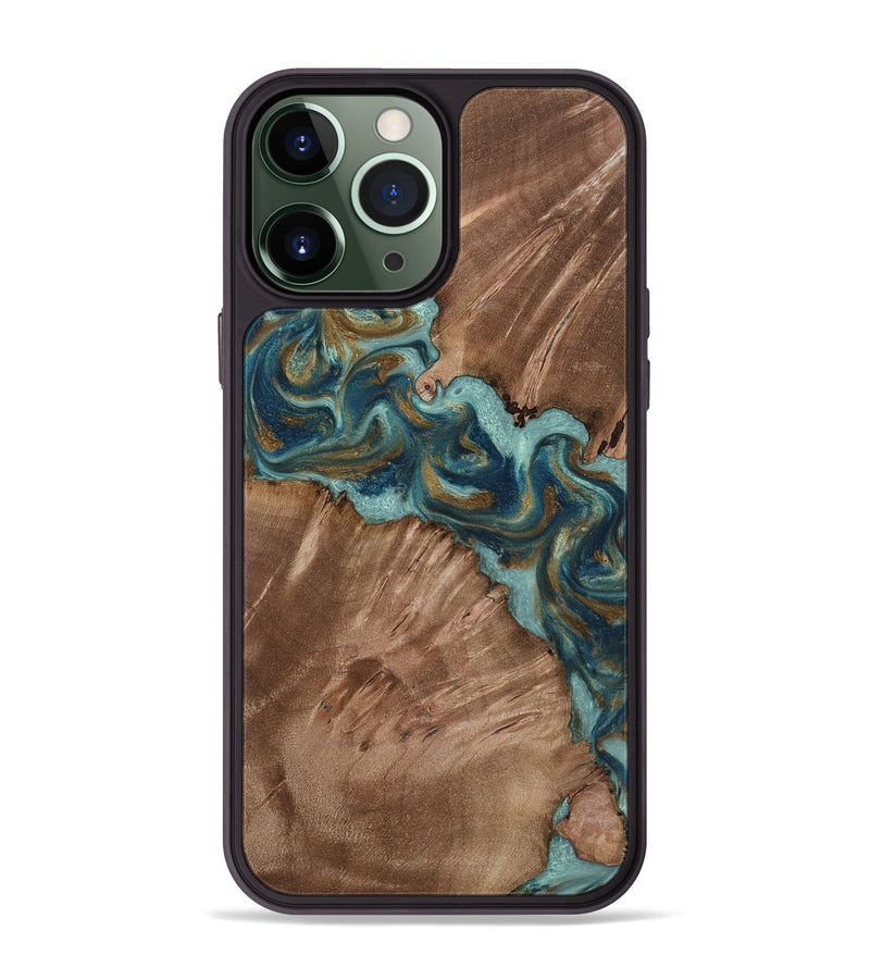 iPhone 13 Pro Max Wood Phone Case - Leander (Teal & Gold, 818485)