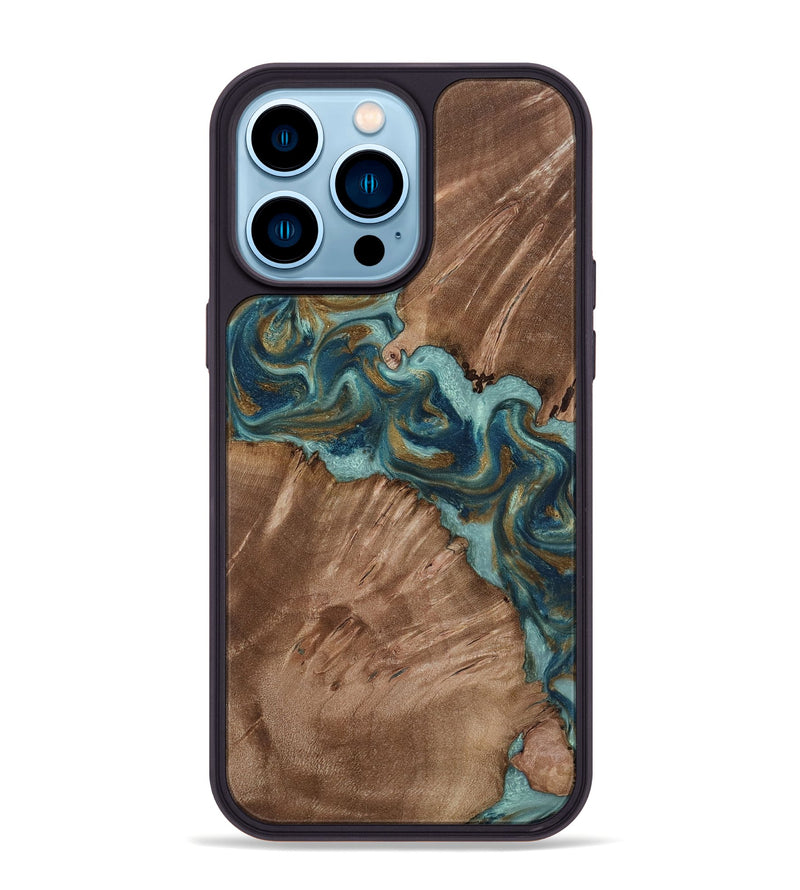 iPhone 14 Pro Max Wood Phone Case - Leander (Teal & Gold, 818485)