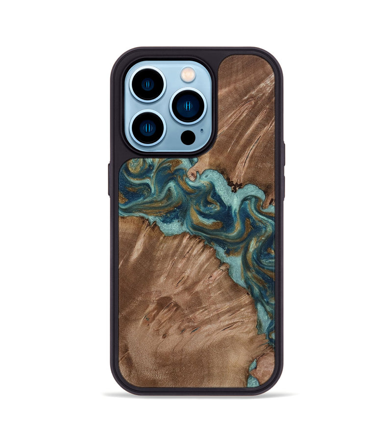 iPhone 14 Pro Wood Phone Case - Leander (Teal & Gold, 818485)