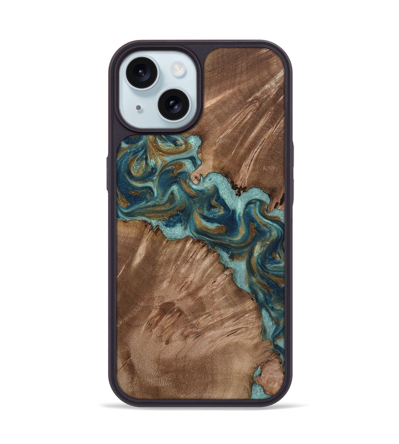 iPhone 15 Wood Phone Case - Leander (Teal & Gold, 818485)