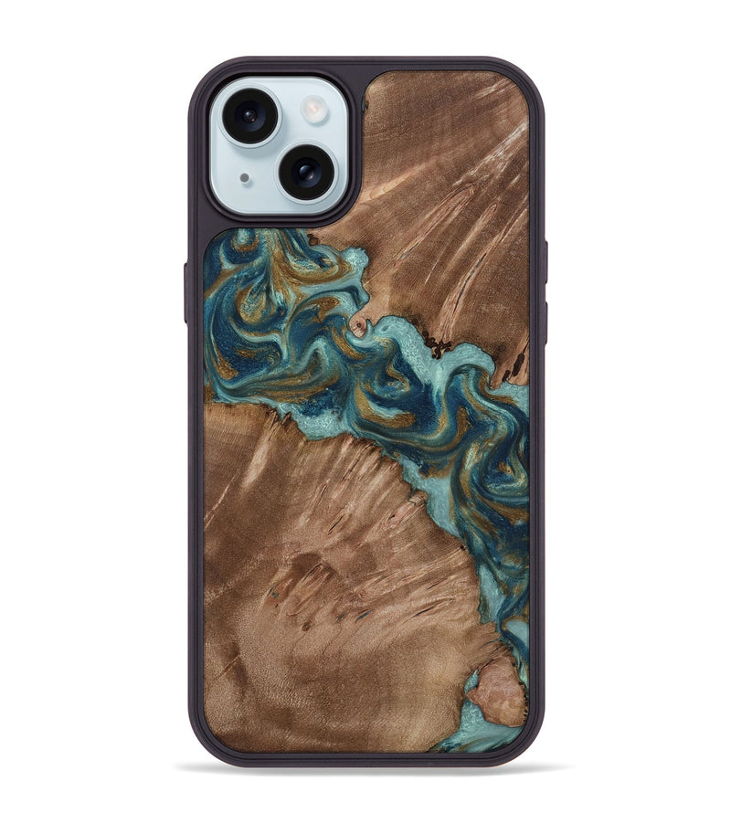 iPhone 15 Plus Wood Phone Case - Leander (Teal & Gold, 818485)