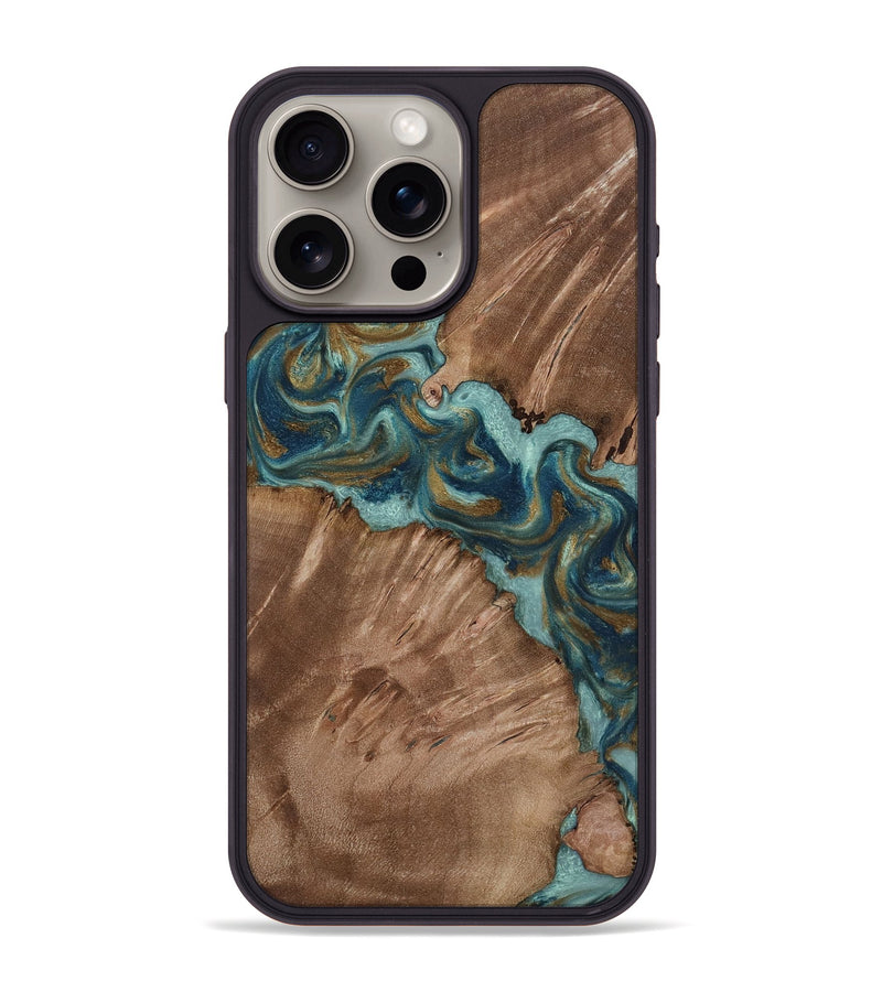iPhone 15 Pro Max Wood Phone Case - Leander (Teal & Gold, 818485)