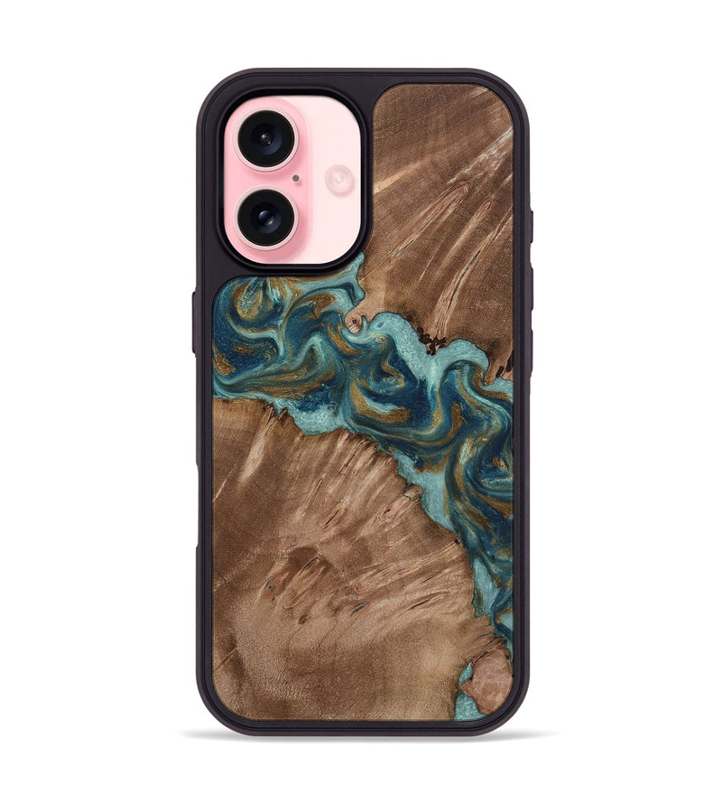 iPhone 16 Wood Phone Case - Leander (Teal & Gold, 818485)