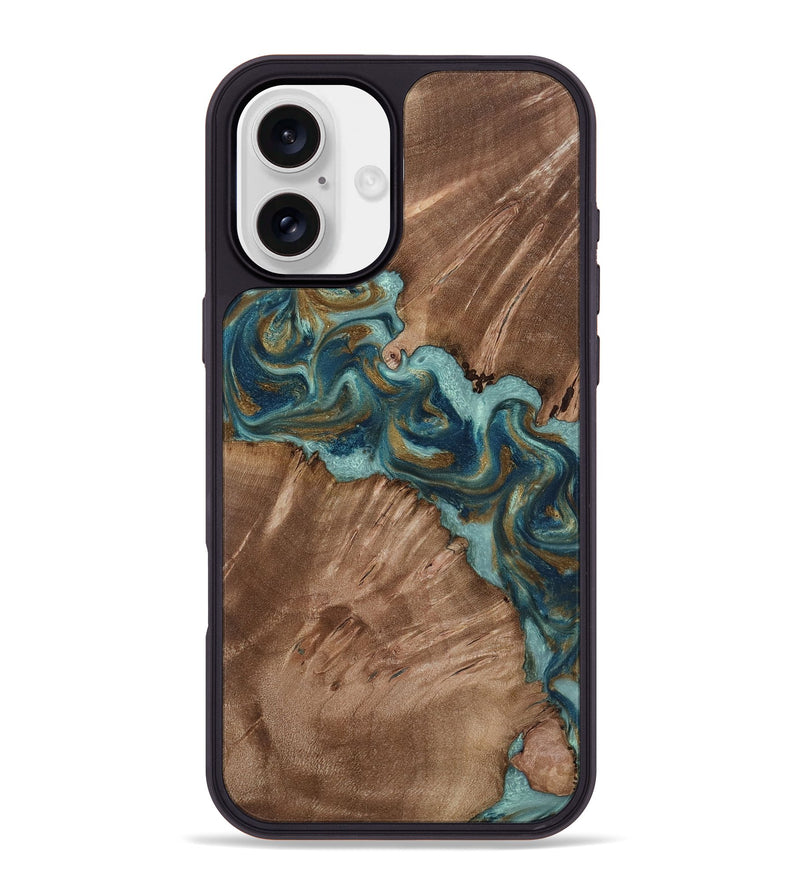 iPhone 16 Plus Wood Phone Case - Leander (Teal & Gold, 818485)