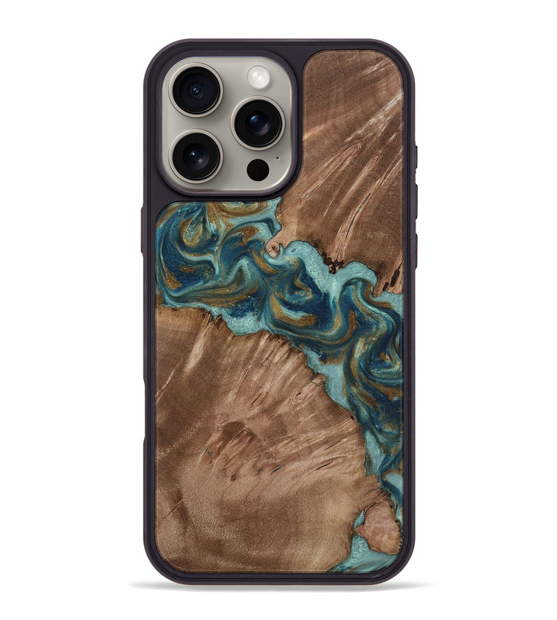 iPhone 16 Pro Max Wood Phone Case - Leander (Teal & Gold, 818485)