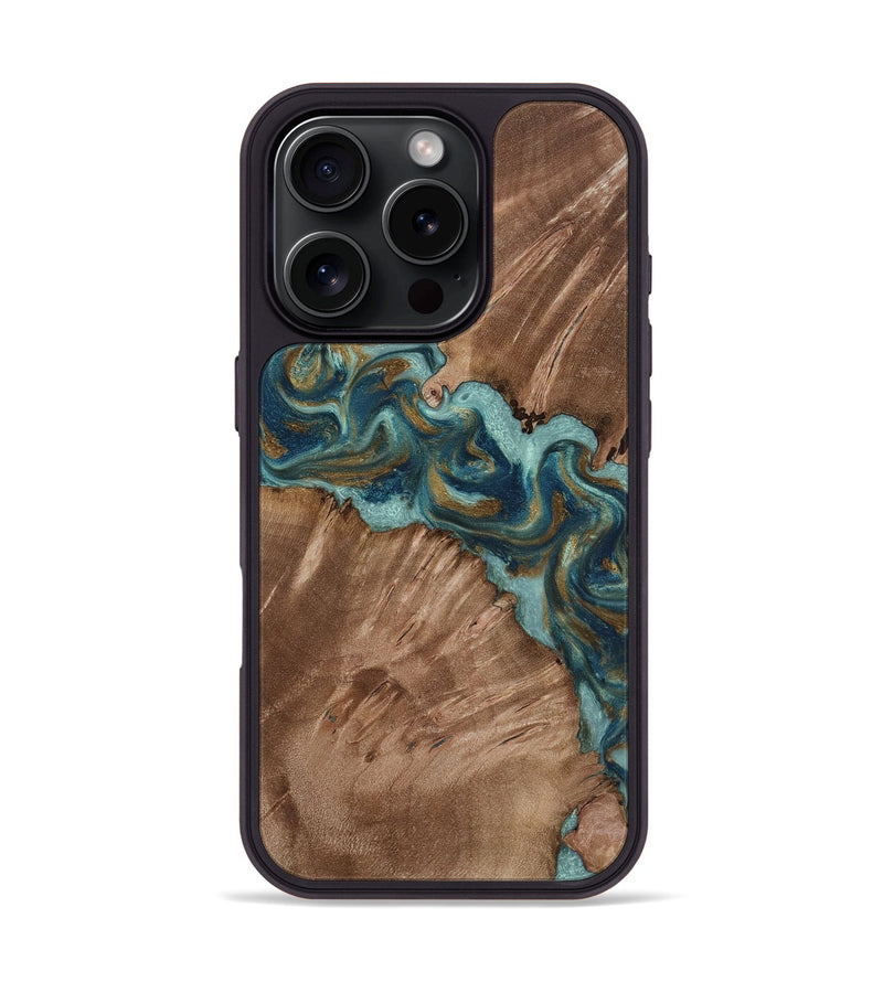 iPhone 16 Pro Wood Phone Case - Leander (Teal & Gold, 818485)
