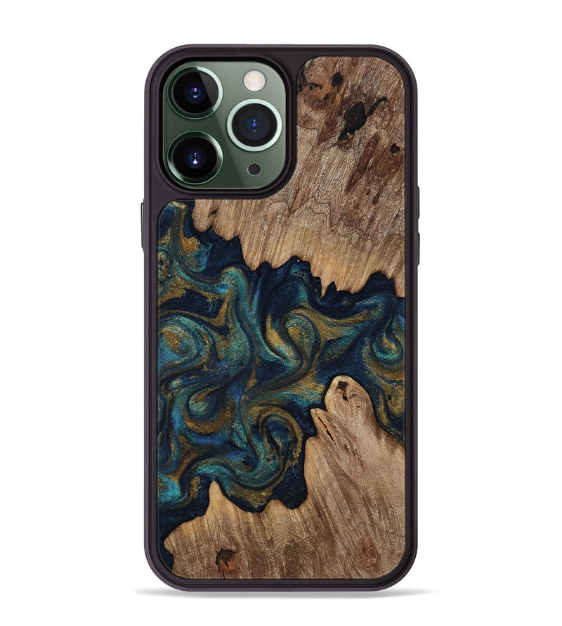 iPhone 13 Pro Max Wood Phone Case - Brea (Teal & Gold, 818486)