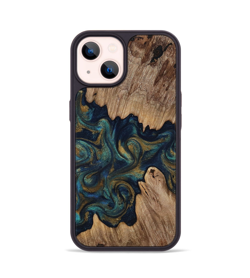 iPhone 14 Wood Phone Case - Brea (Teal & Gold, 818486)