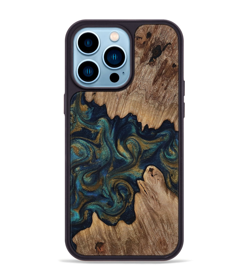 iPhone 14 Pro Max Wood Phone Case - Brea (Teal & Gold, 818486)