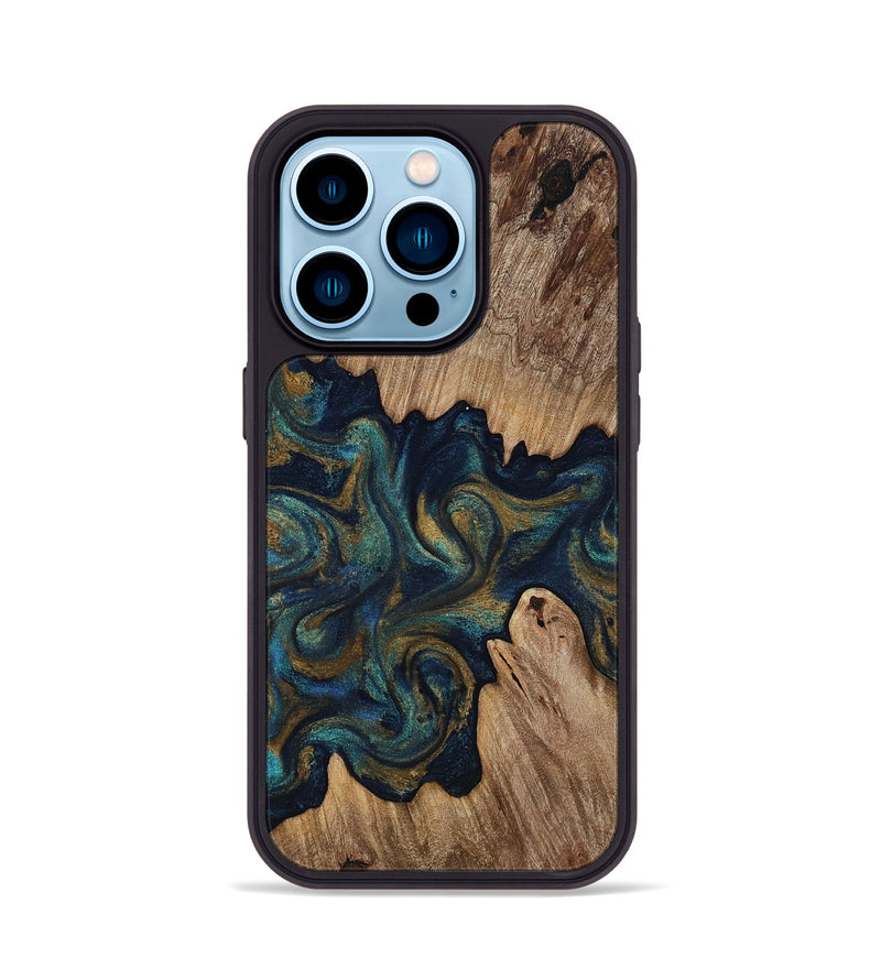 iPhone 14 Pro Wood Phone Case - Brea (Teal & Gold, 818486)