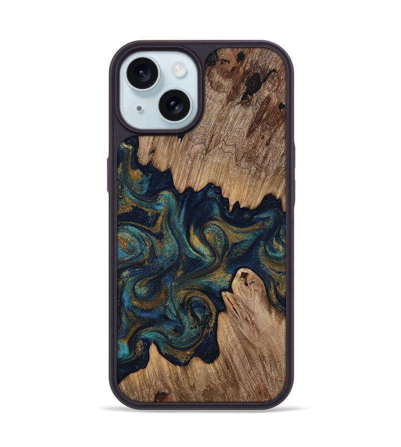 iPhone 15 Wood Phone Case - Brea (Teal & Gold, 818486)