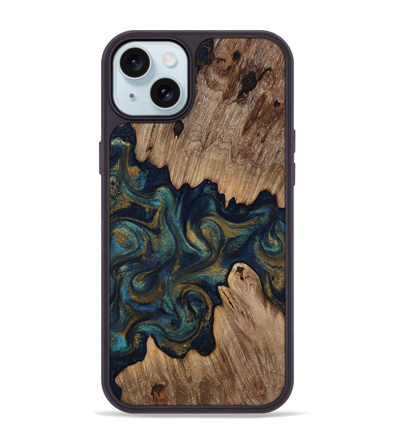 iPhone 15 Plus Wood Phone Case - Brea (Teal & Gold, 818486)
