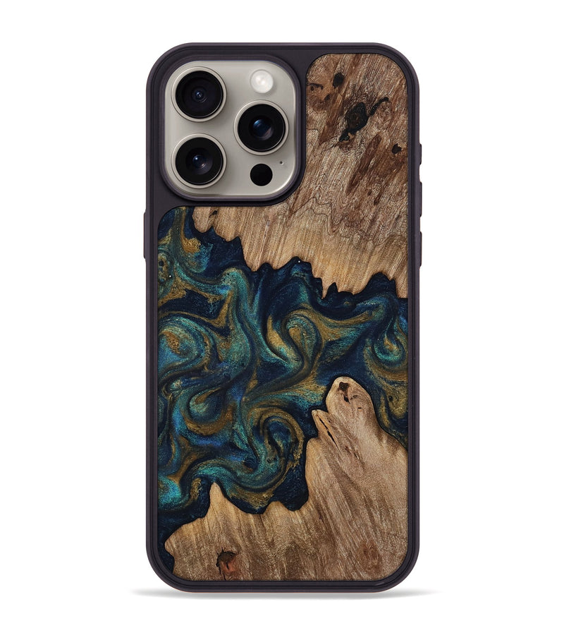 iPhone 15 Pro Max Wood Phone Case - Brea (Teal & Gold, 818486)