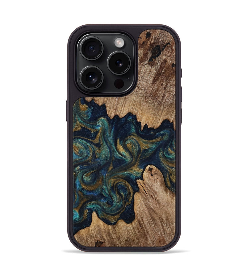 iPhone 15 Pro Wood Phone Case - Brea (Teal & Gold, 818486)
