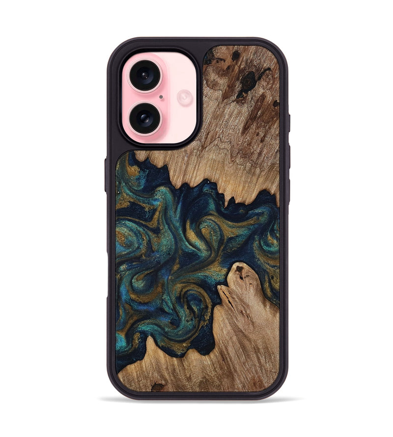 iPhone 16 Wood Phone Case - Brea (Teal & Gold, 818486)