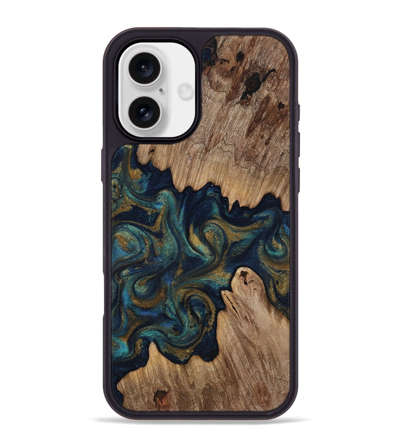 iPhone 16 Plus Wood Phone Case - Brea (Teal & Gold, 818486)