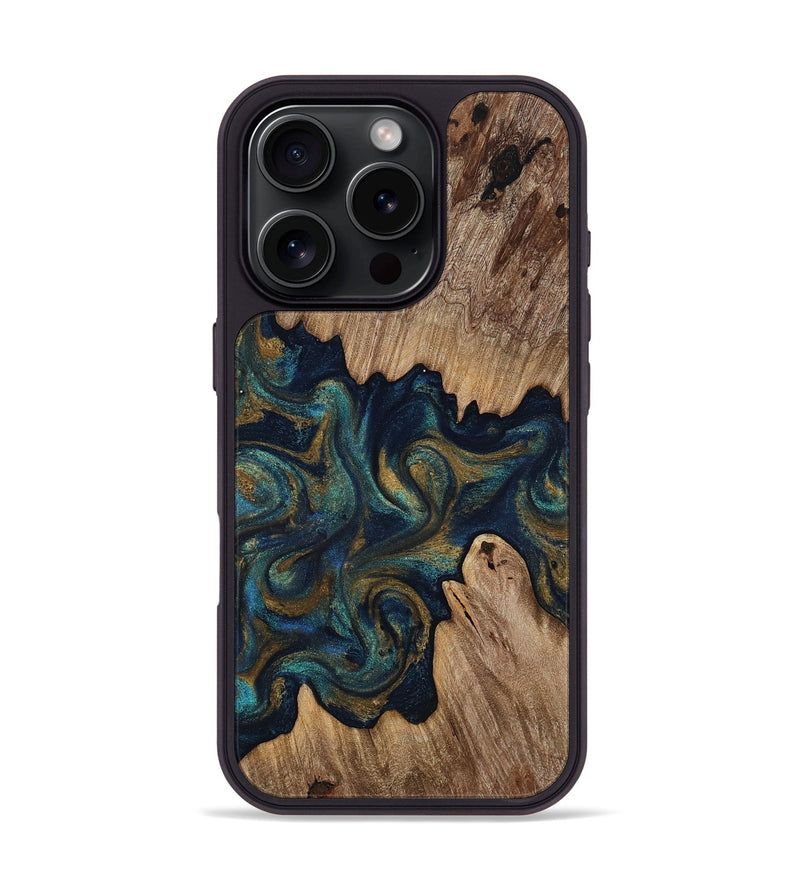 iPhone 16 Pro Wood Phone Case - Brea (Teal & Gold, 818486)