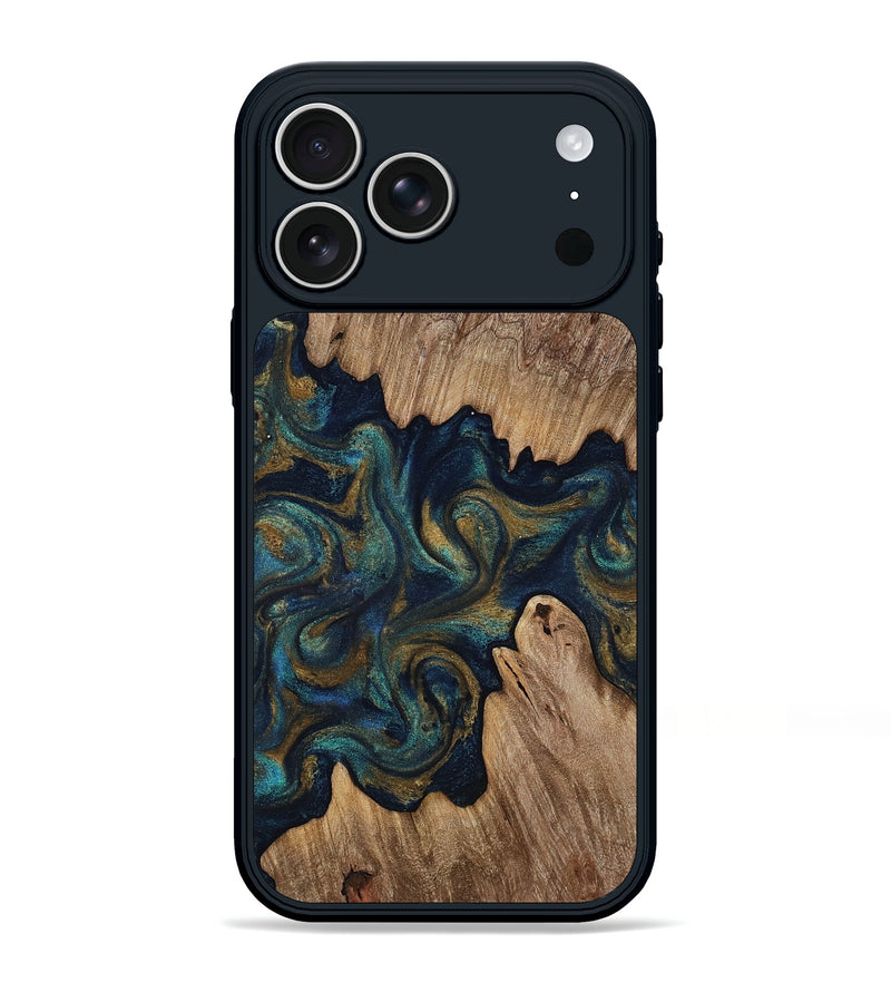 iPhone 17 Pro Max Wood Phone Case - Brea (Teal & Gold, 818486)