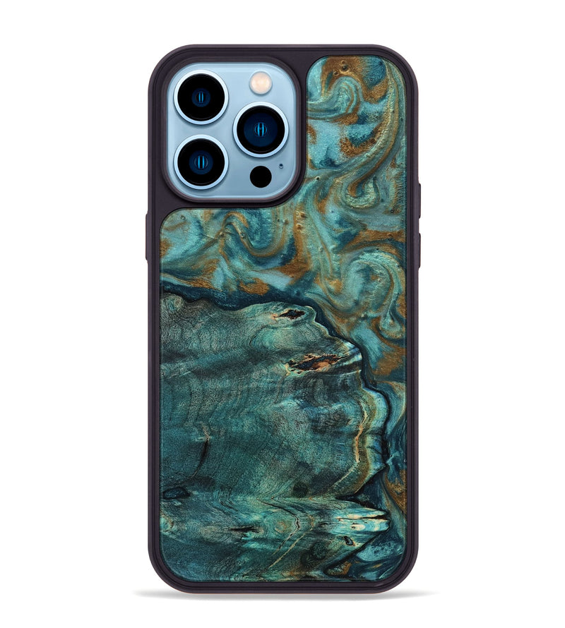 iPhone 14 Pro Max Wood Phone Case - Darrin (Teal & Gold, 818488)