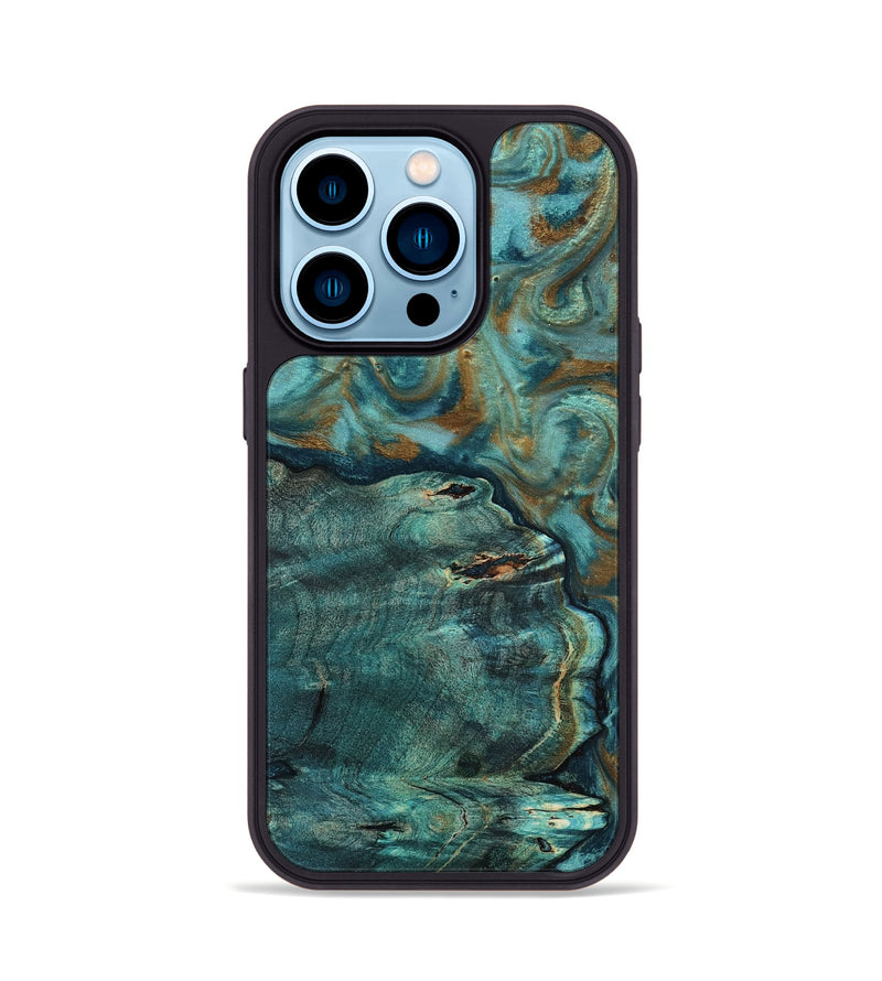 iPhone 14 Pro Wood Phone Case - Darrin (Teal & Gold, 818488)