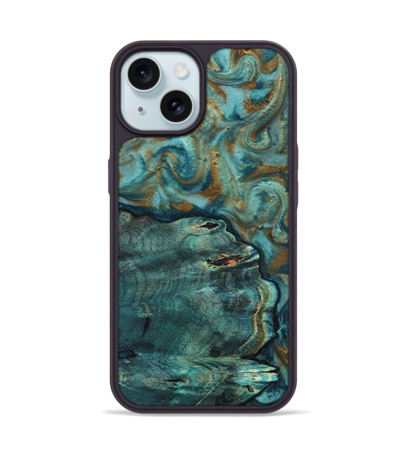 iPhone 15 Wood Phone Case - Darrin (Teal & Gold, 818488)
