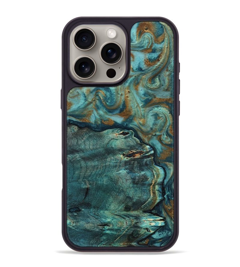 iPhone 16 Pro Max Wood Phone Case - Darrin (Teal & Gold, 818488)