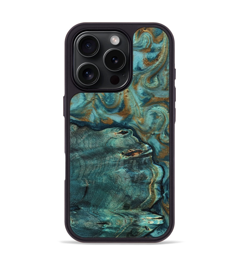 iPhone 16 Pro Wood Phone Case - Darrin (Teal & Gold, 818488)