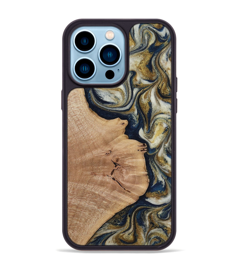 iPhone 14 Pro Max Wood Phone Case - Susan (Teal & Gold, 818507)