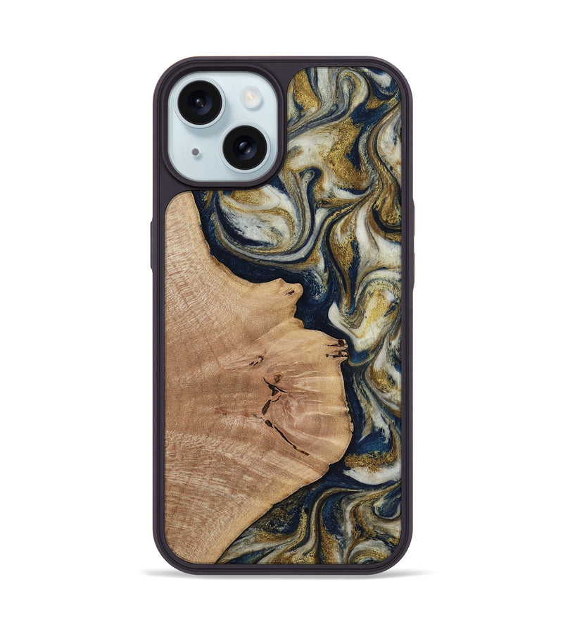 iPhone 15 Wood Phone Case - Susan (Teal & Gold, 818507)