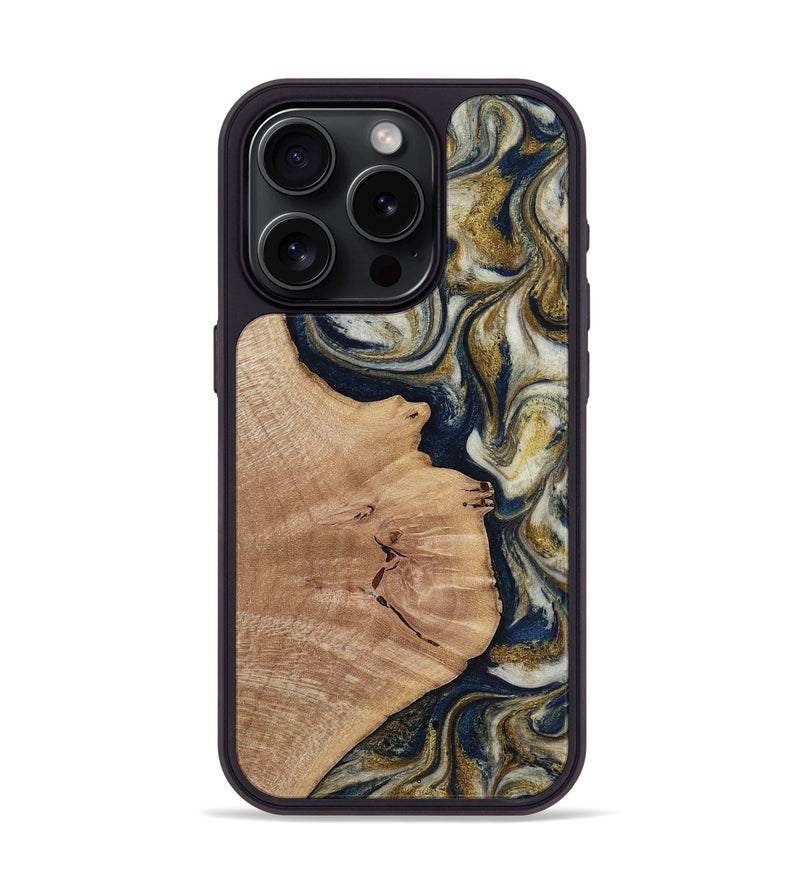 iPhone 15 Pro Wood Phone Case - Susan (Teal & Gold, 818507)