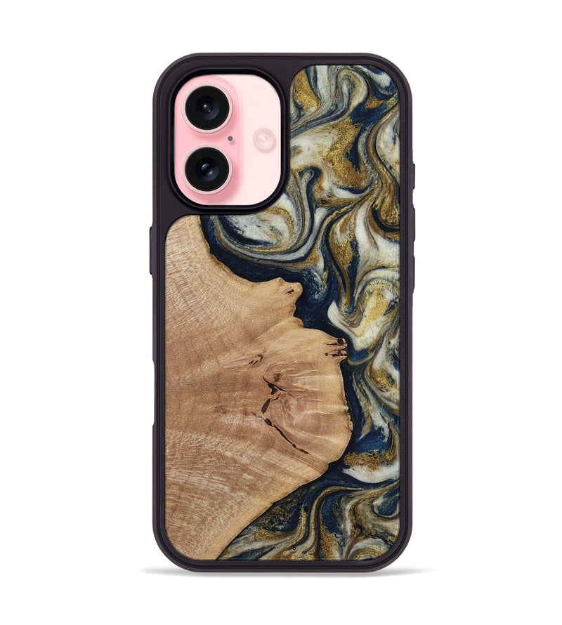 iPhone 16 Wood Phone Case - Susan (Teal & Gold, 818507)