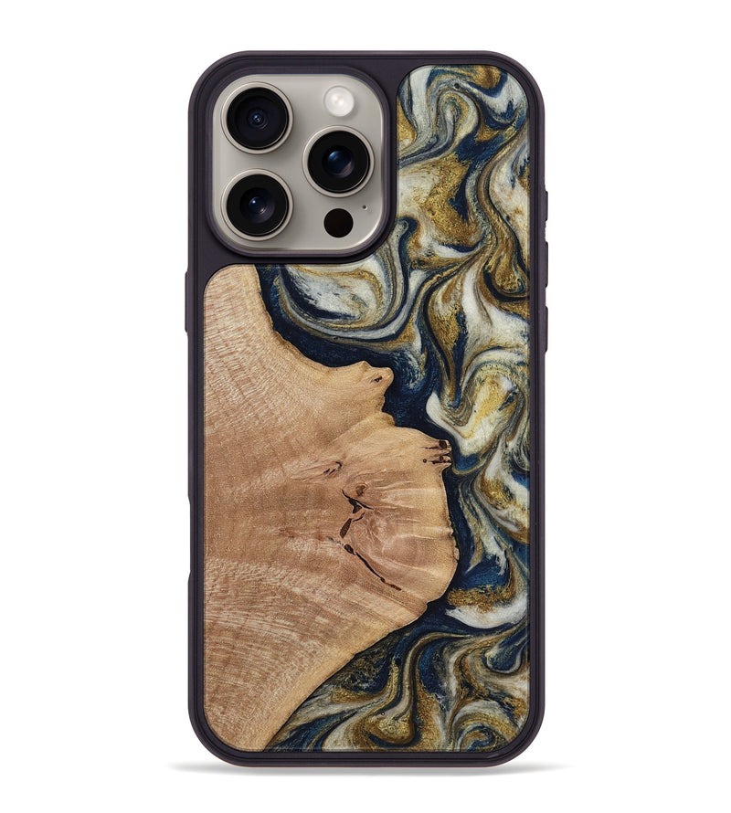 iPhone 16 Pro Max Wood Phone Case - Susan (Teal & Gold, 818507)