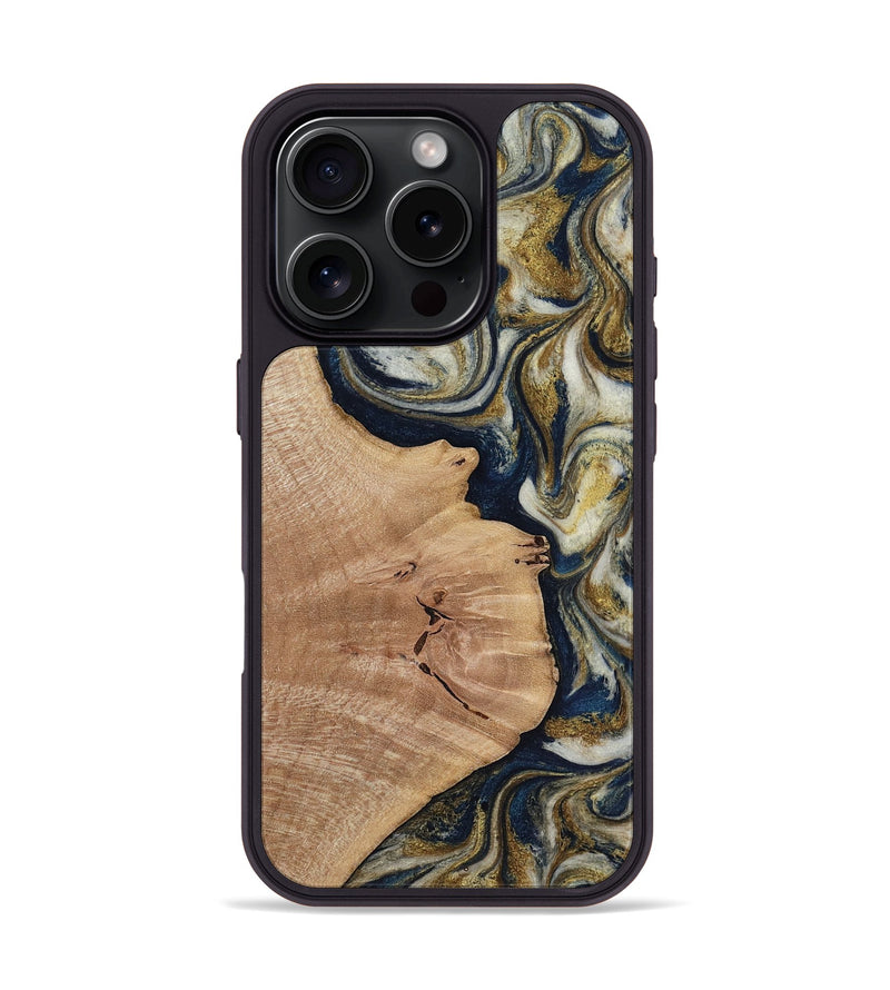 iPhone 16 Pro Wood Phone Case - Susan (Teal & Gold, 818507)