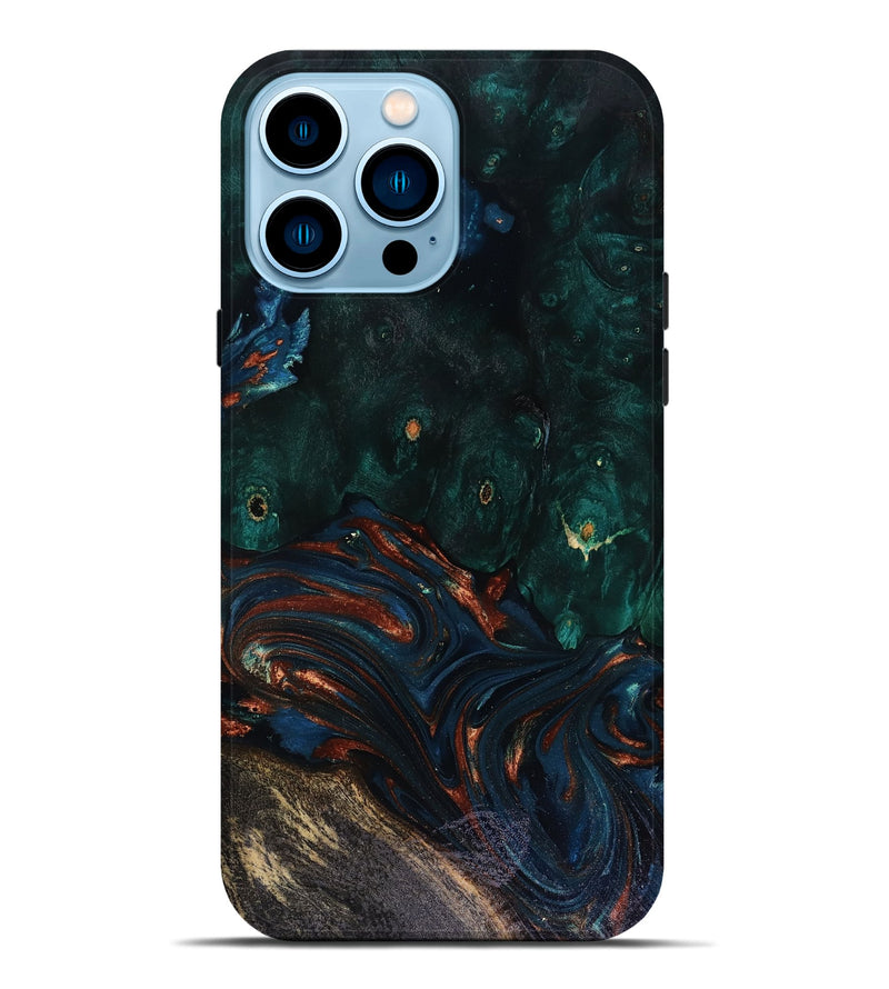 iPhone 14 Pro Max Wood Live Edge Phone Case - Carina (Teal & Gold, 818516)