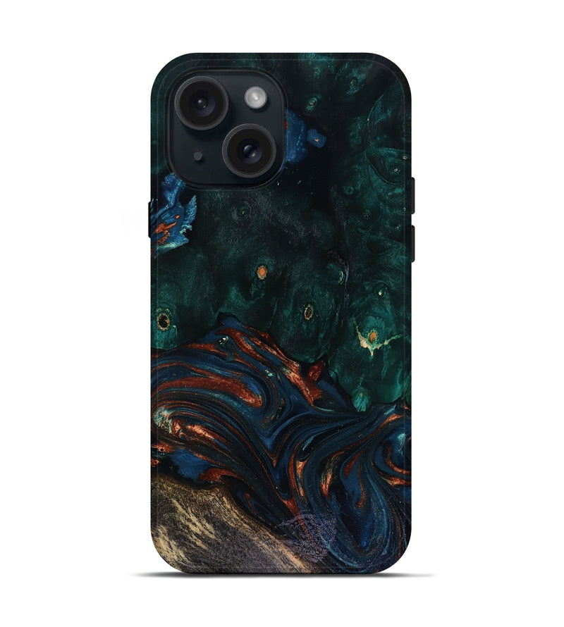 iPhone 15 Wood Live Edge Phone Case - Carina (Teal & Gold, 818516)