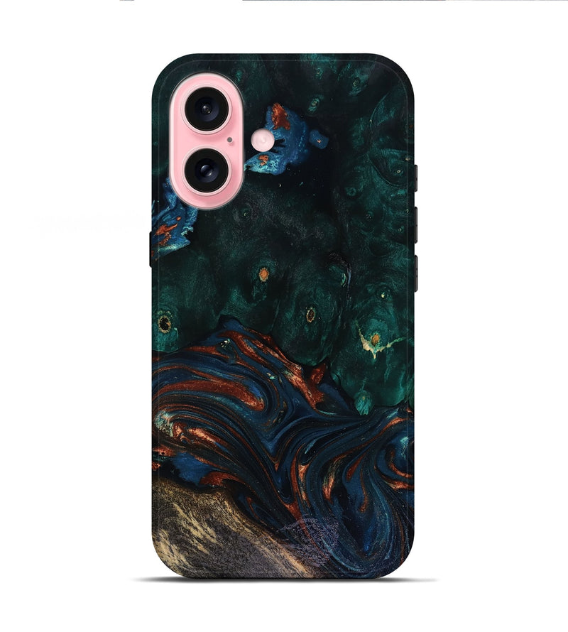 iPhone 16 Wood Live Edge Phone Case - Carina (Teal & Gold, 818516)
