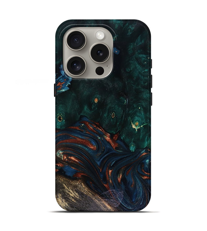 iPhone 16 Pro Wood Live Edge Phone Case - Carina (Teal & Gold, 818516)