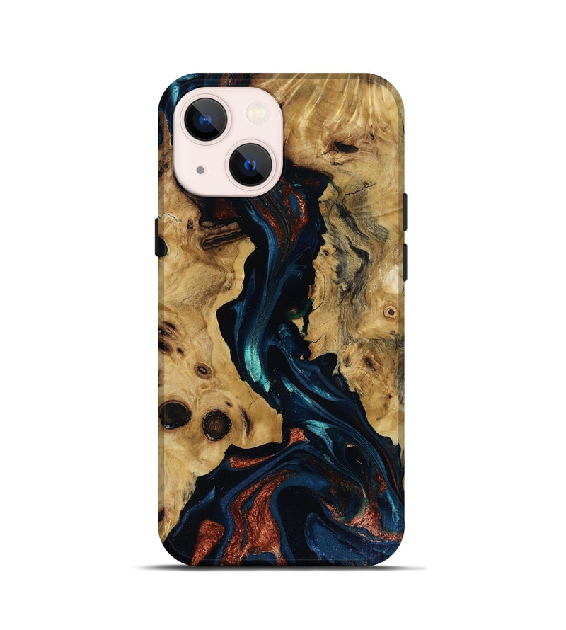 iPhone 13 mini Wood Live Edge Phone Case - Davion (Teal & Gold, 818529)