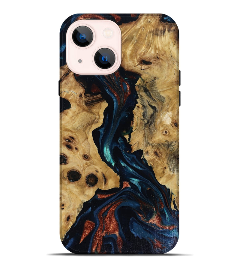 iPhone 14 Plus Wood Live Edge Phone Case - Davion (Teal & Gold, 818529)