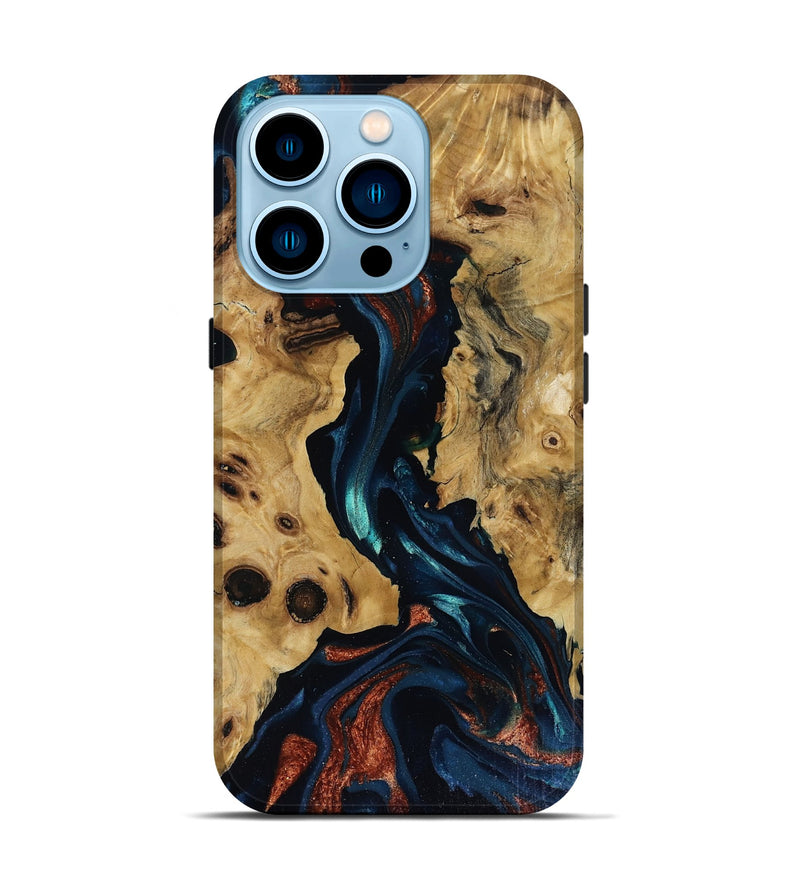 iPhone 14 Pro Wood Live Edge Phone Case - Davion (Teal & Gold, 818529)