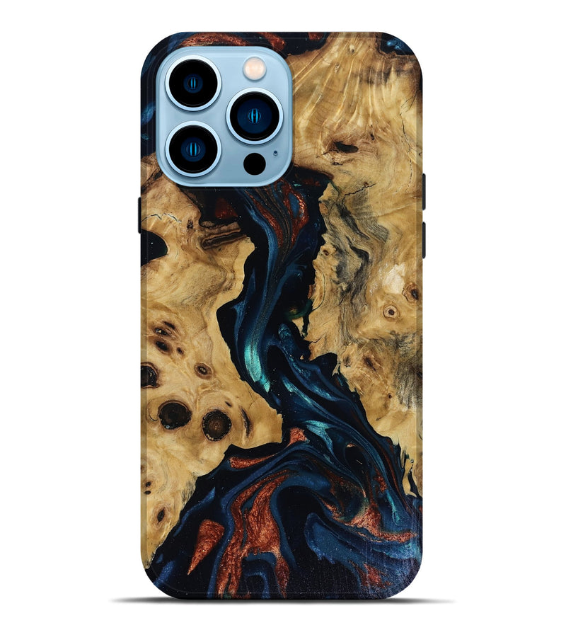 iPhone 14 Pro Max Wood Live Edge Phone Case - Davion (Teal & Gold, 818529)