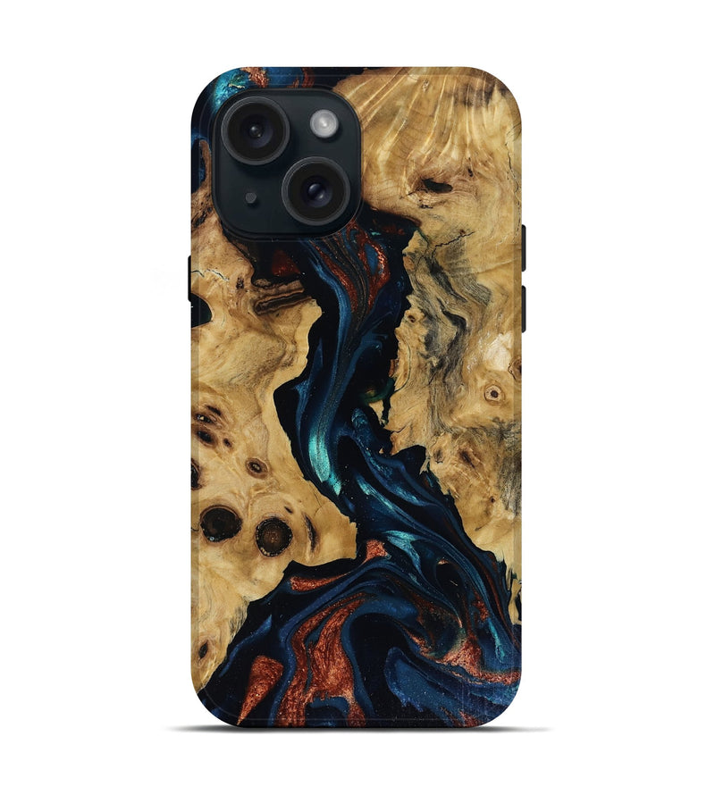 iPhone 15 Wood Live Edge Phone Case - Davion (Teal & Gold, 818529)