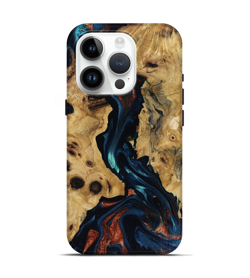 iPhone 15 Pro Wood Live Edge Phone Case - Davion (Teal & Gold, 818529)