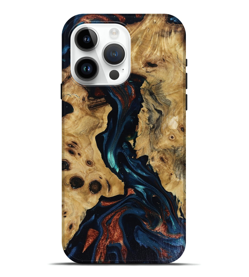 iPhone 15 Pro Max Wood Live Edge Phone Case - Davion (Teal & Gold, 818529)