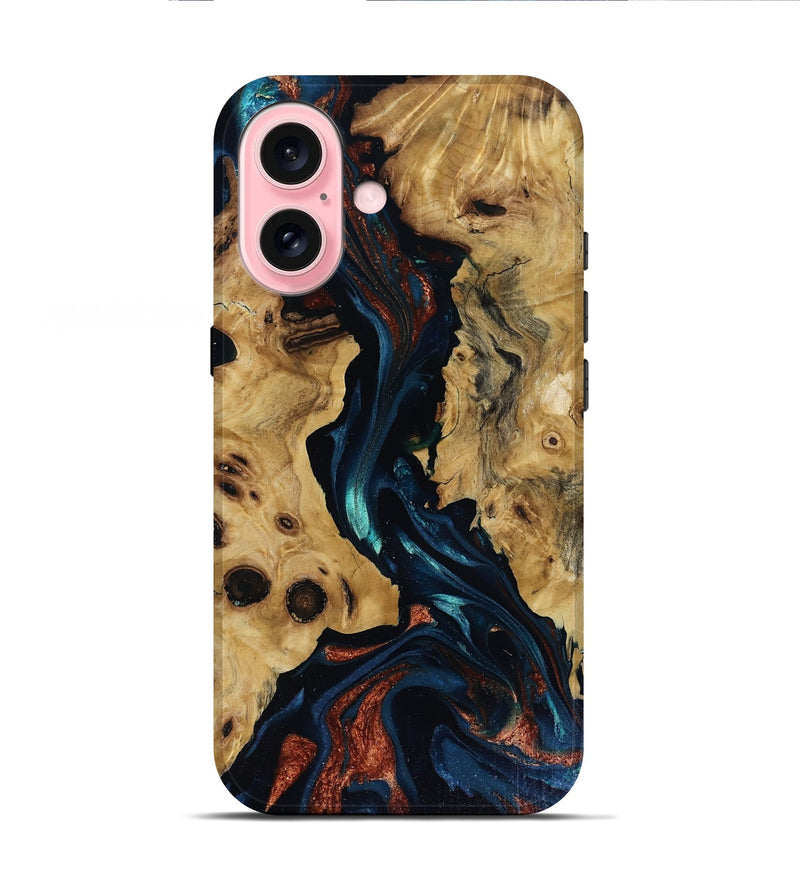 iPhone 16 Wood Live Edge Phone Case - Davion (Teal & Gold, 818529)