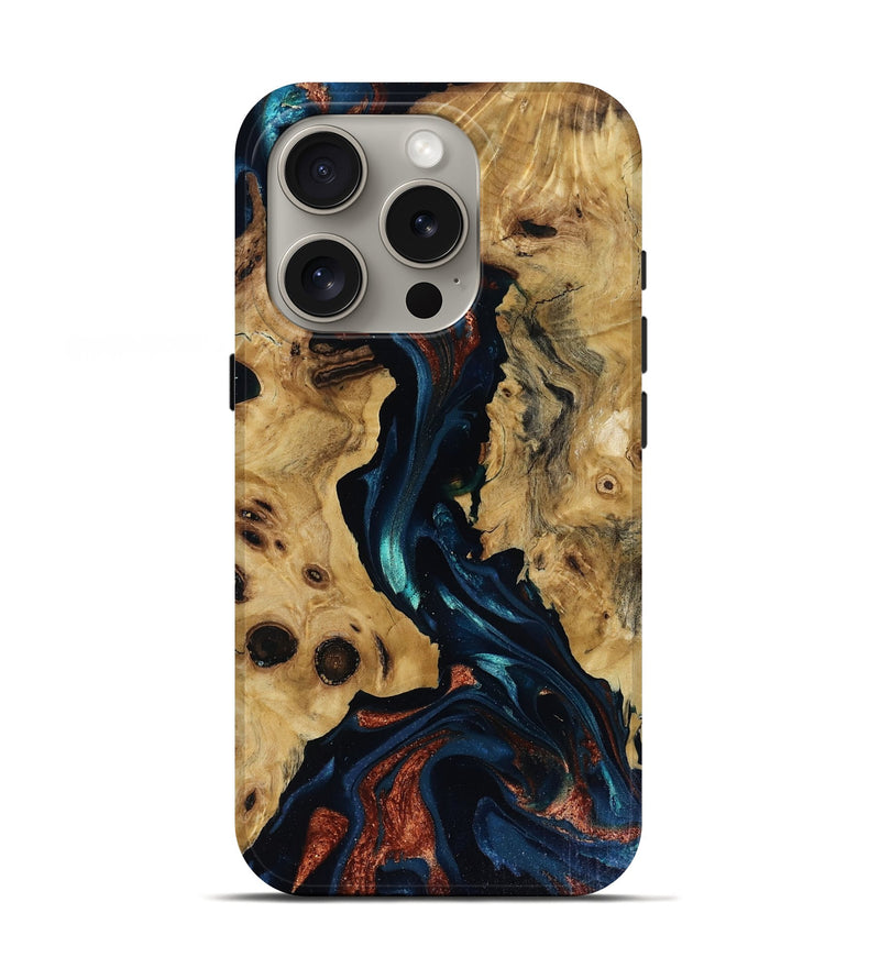 iPhone 16 Pro Wood Live Edge Phone Case - Davion (Teal & Gold, 818529)