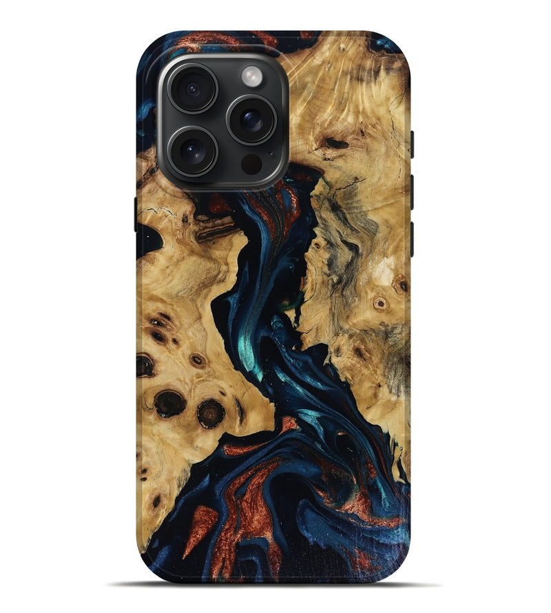 iPhone 16 Pro Max Wood Live Edge Phone Case - Davion (Teal & Gold, 818529)