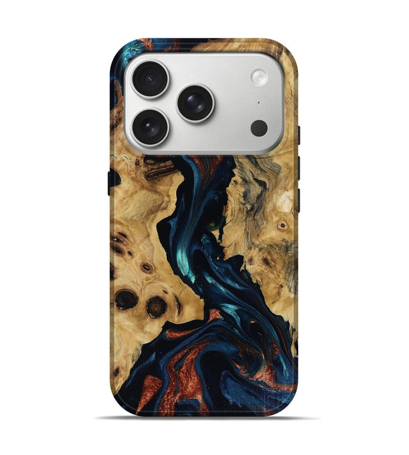 iPhone 17 Pro Wood Live Edge Phone Case - Davion (Teal & Gold, 818529)