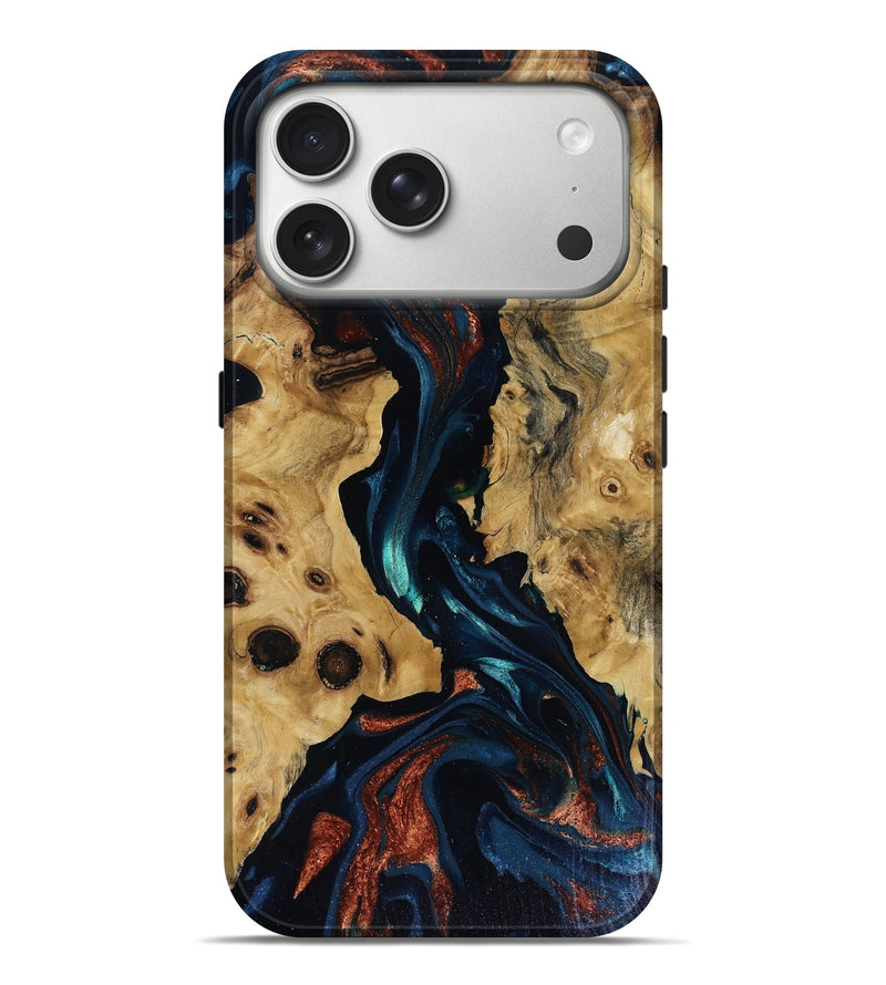 iPhone 17 Pro Max Wood Live Edge Phone Case - Davion (Teal & Gold, 818529)